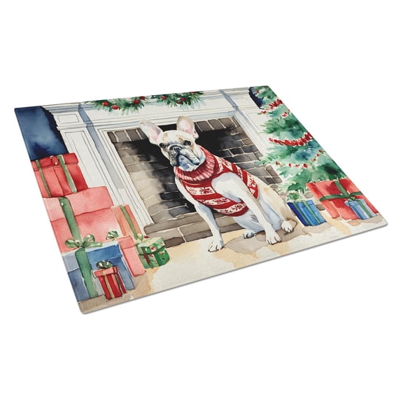 French Bulldog Cozy Christmas Glass Cutting Board Large 12 in x 15 in