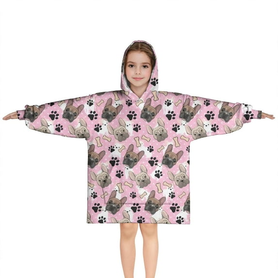 French Bulldog Cute Bone Paw Print Blanket Hoodies for Kids 6-13YR Oversize Wearable Blanket Hoodies for Boys Girls Teens