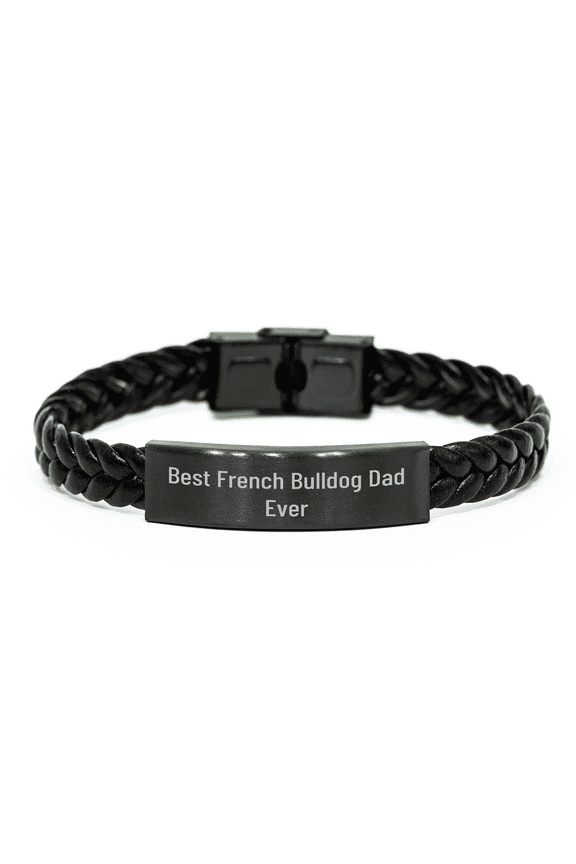 French Bulldog Dad Ever Interlaced Leather Cuff Gifts for Mother's Day, Funny Quote Engraved Stainless Steel PU Leather Cuff, Unique Gifts from Loved Ones