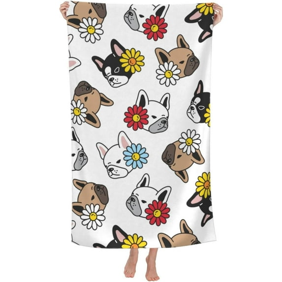 French Bulldog Daisy Large Beach Towel - Plush Thick Cotton Pool Towel, Adult Beach Towels
