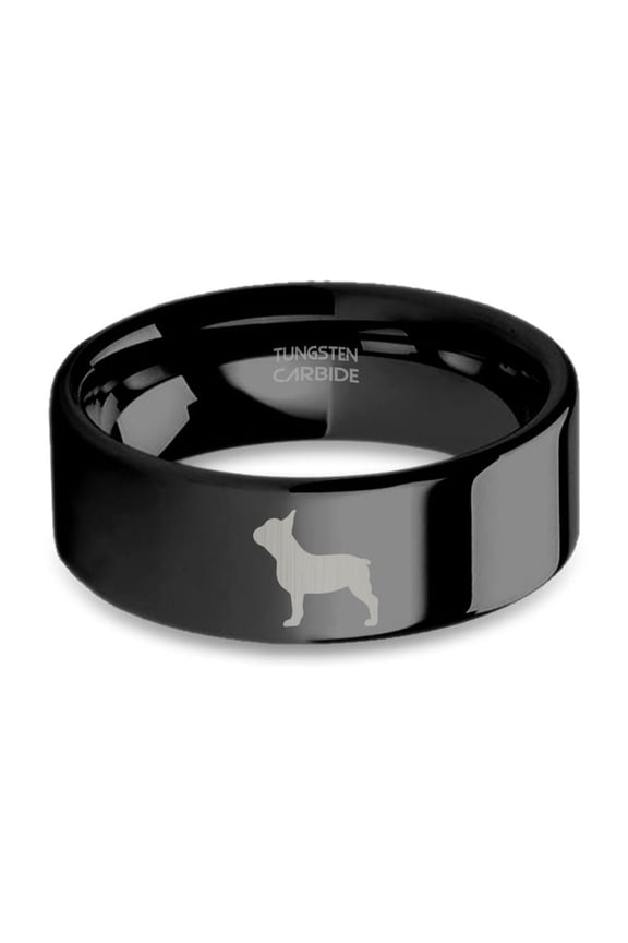French Bulldog Dog Frenchie Engraved Black Tungsten Wedding Band, 8mm, Size 10