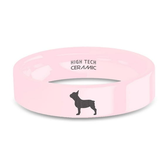 French Bulldog Dog Frenchie Laser Engraved Pink Ceramic Ring, 6mm, Size 9.5