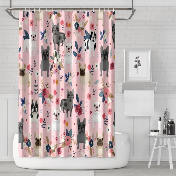 French Bulldog Dog Pattern with Flowers Shower Curtain 72x72in ,Bathroom Decorative Shower Curtains Set with 12 Hooks,Modern Waterproof Washable Shower Curtain