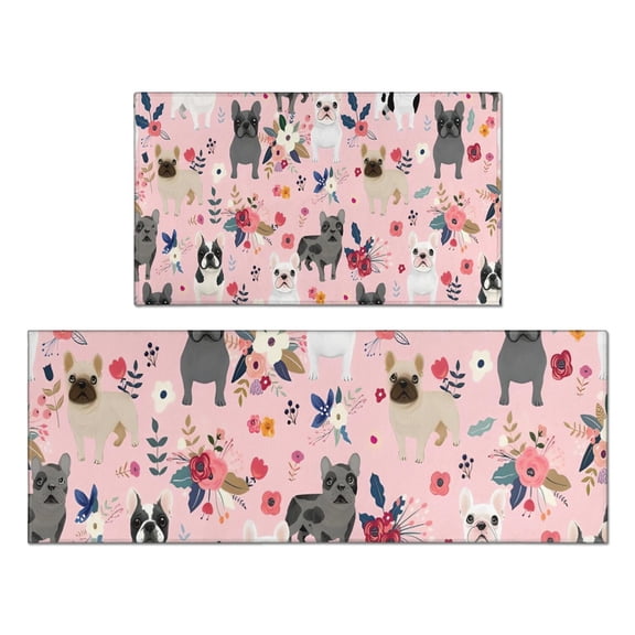 French Bulldog Dog Pattern with Pioneer Flower Kitchen Rugs Sets Of 2,Anti Fatigue Kitchen Mat Rugs Non Slip Washable,Decorative Kitchen Floor Mats for Kitchen,Sink,Laundry,17"x30"+17"x47"