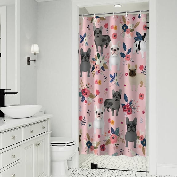 French Bulldog Dog Pattern with Pioneer Flower Shower Curtain 36"x72" ,Bathroom Decorative Shower Curtains Set with 12 Hooks,Modern Waterproof Washable Shower Curtain