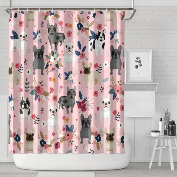 French Bulldog Dog Pattern with Flowers Shower Curtain 72"x84" ,Bathroom Decorative Shower Curtains Set with 12 Hooks,Modern Waterproof Washable Shower Curtain