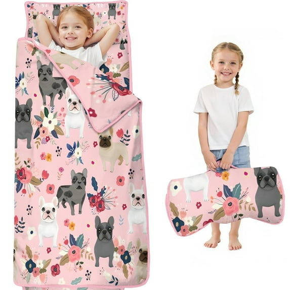 French Bulldog Dog Pattern with Pioneer Flower Toddler Nap Mats for Kids Preschool,Sleeping Mat Bag or Kids,Toddler Sleeping Bag,Toddler Nap Mat or Daycare