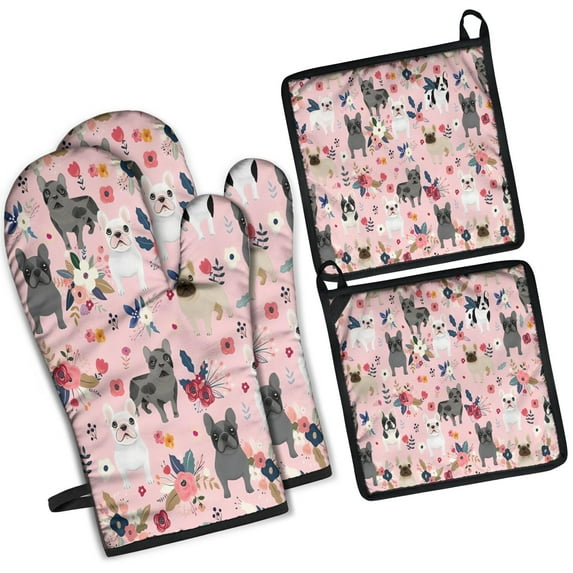 French Bulldog Dog Pattern with Flowers Kitchen Oven Mitt and Pot Holder Sets 4 Pcs for Baking, Cooking and Grilling, Heat Resistant Up To 392 °F
