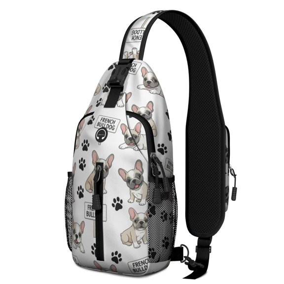 French Bulldog and Dog Paw Print Sling Backpack, Casual Day Sling Pack with Earphone Port, Breathable Padded Back Gift Ideas for Hiking Cycling Walking