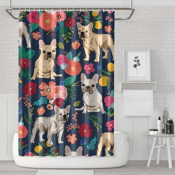 French Bulldog Dog and Pioneer Flower Shower Curtain 72"x72" ,Bathroom Decorative Shower Curtains Set with 12 Hooks,Modern Waterproof Washable Shower Curtain
