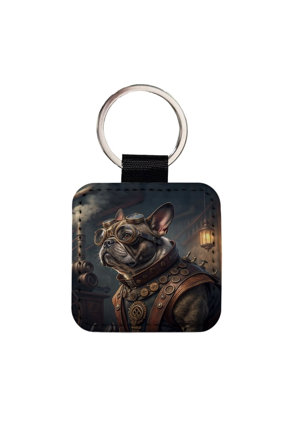 French Bulldog Dog Steampunk Faux Leather Square Keychain