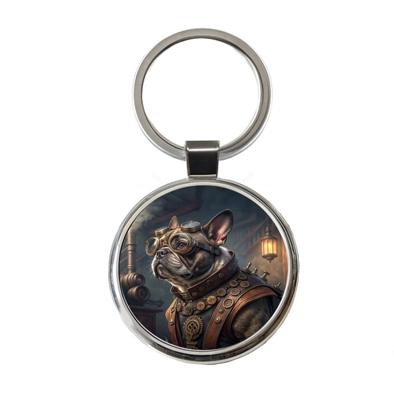 French Bulldog Dog Steampunk Metal Round Keychain