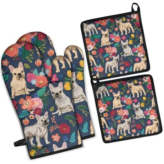 French Bulldog Dog and Flower Kitchen Oven Mitt and Pot Holder Sets 4 Pcs for Baking, Cooking and Grilling, Heat Resistant Up To 392 °F