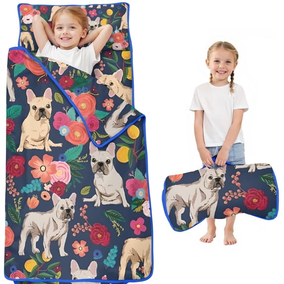 French Bulldog Dog and Pioneer Flower Toddler Nap Mats for Kids Preschool,Sleeping Mat Bag or Kids,Toddler Sleeping Bag,Toddler Nap Mat or Daycare