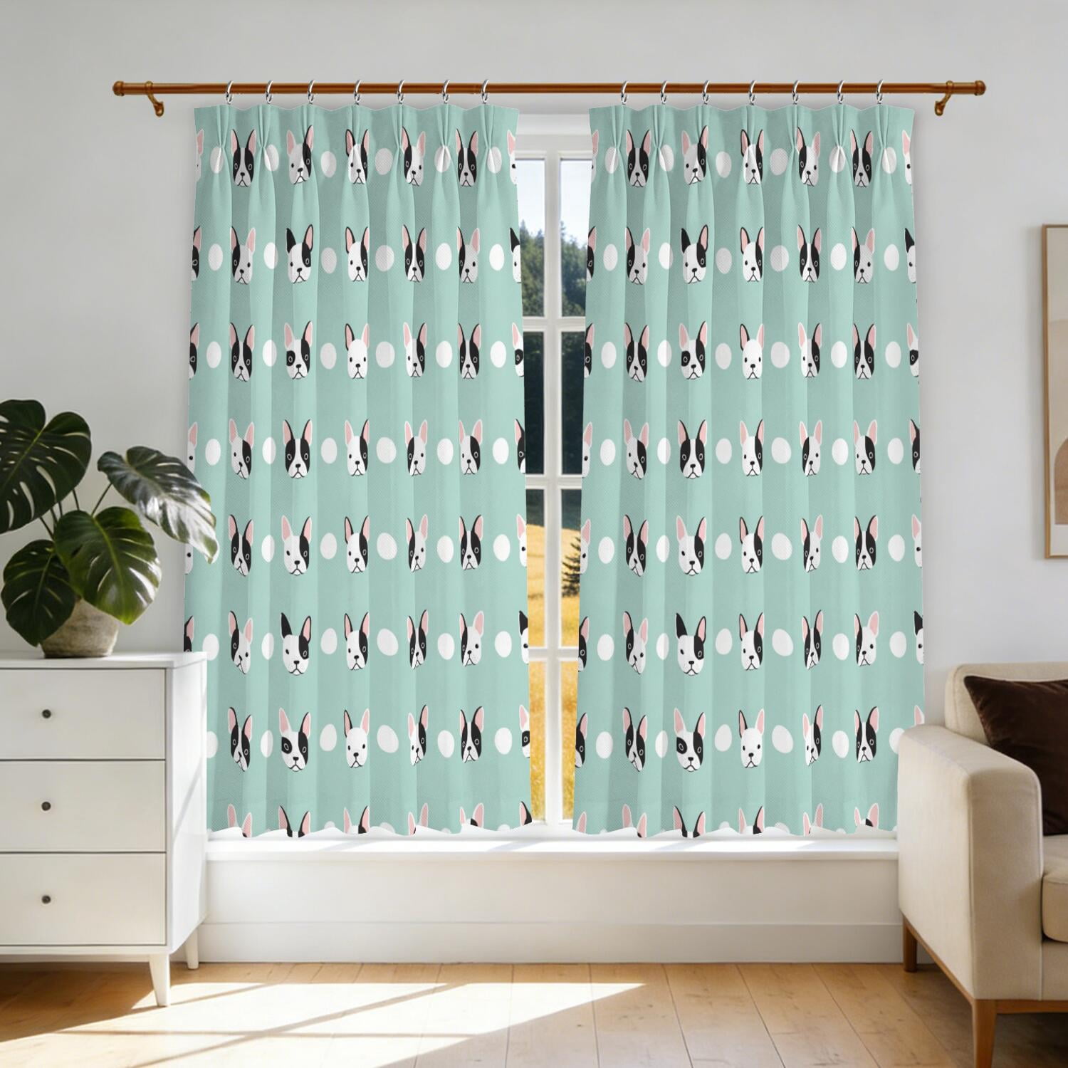 French Bulldog and Dot Blue Pattern Pinch Pleated Blackout Curtains ...