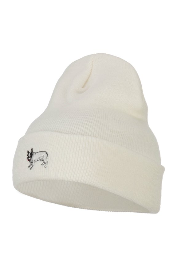 French Bulldog Embroidered Long Beanie - White OSFM