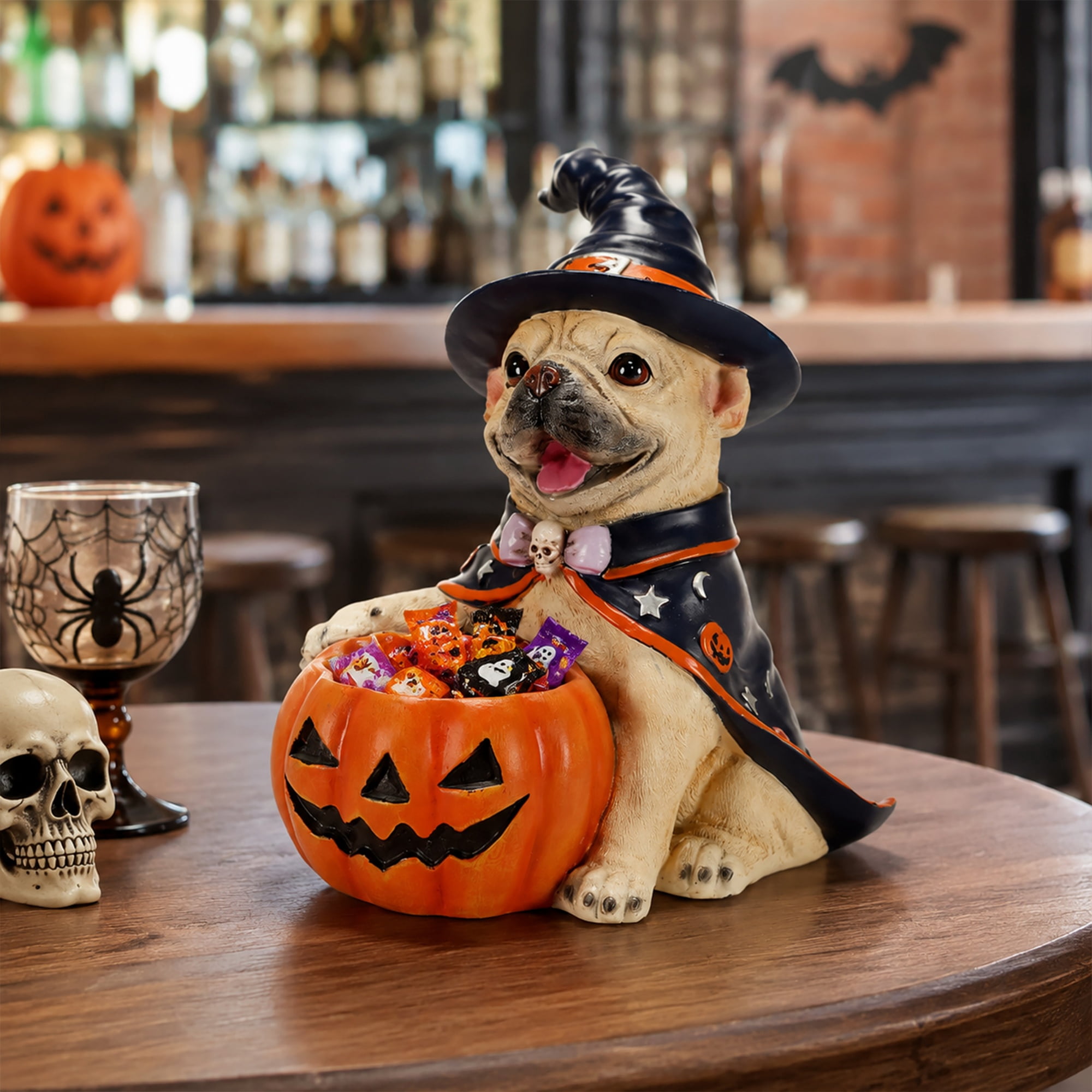 French Bulldog Figurine 12.6 Inch, Halloween Witch Puppy Statue with Pumpkin Candy Bowl, Cute Dog Decor for Tabletop and Holiday Display, Beige and Orange-Red