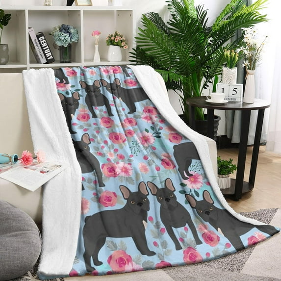 French Bulldog and Flower Blanket,Comfortable Soft Flannel Throw Blanket,All Season,Warm Lightweight Blankets for Sofa Bed Couch Living Room Chair,40"x50"(100x130cm)