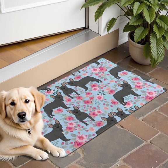 French Bulldog and Flower Door Rugs,Washable Non Slip Door Mats Indoor,Decorative Door Mats,Entry Mat Indoor for Entrance,Bedroom,Kitchen,Bathroom,16"x24"