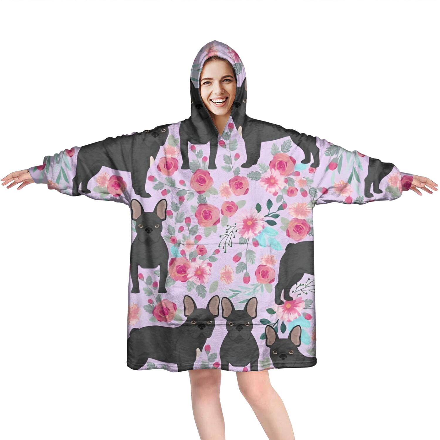 French Bulldog and Flower Wearable Oversized Blanket,Wearable Blanket Hoodie for Adults,Cozy Hooded Blankets with Super Pockets,Super Warm Fuzzy Pullover for Women & Men