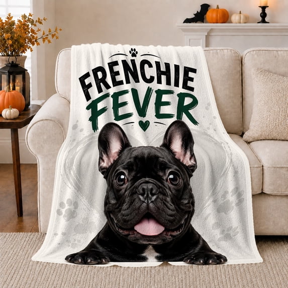 French Bulldog Frenchie Fever, Playful Pet Portrait Pattern, Warm Flannel Blanket for Living Room and Bedroom, Dog Lovers person's Day Gift, Pet Lover Home Decor