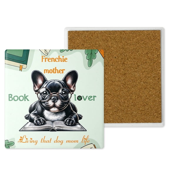French Bulldog Frenchie Mother Book Lover Happy Mother's Day Set of 4 Stone Coasters Dog Lover Gifts 4x4in Absorbent Soapstone Coaster - 03004
