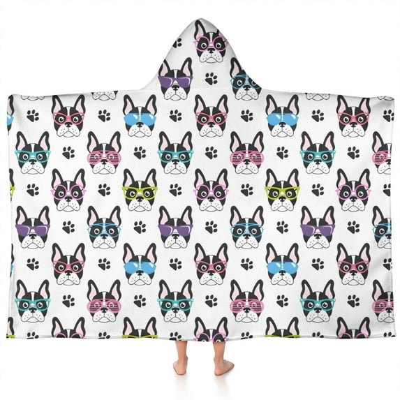 French Bulldog with Glasses White Hooded Bath Towel,60"x35" for Ages 3 To 12 Kids, Quick Dry Lightweight Soft Microfiber Hood Beach Towel Cover Up for Kids