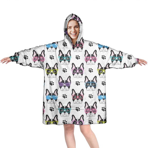 French Bulldog with Glasses White Wearable Oversized Blanket,Wearable Blanket Hoodie for Adults,Cozy Hooded Blankets with Super Pockets,Super Warm Fuzzy Pullover for Women & Men