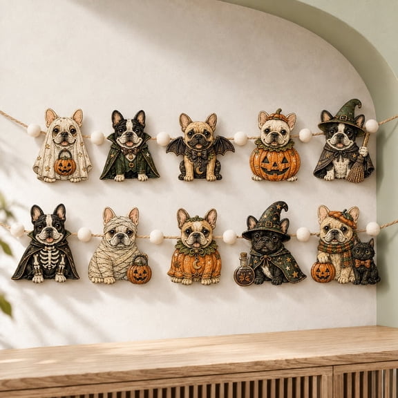 French Bulldog Halloween Garland, Pumpkin and Witch Hat Wooden Hanging Decor for Halloween Party