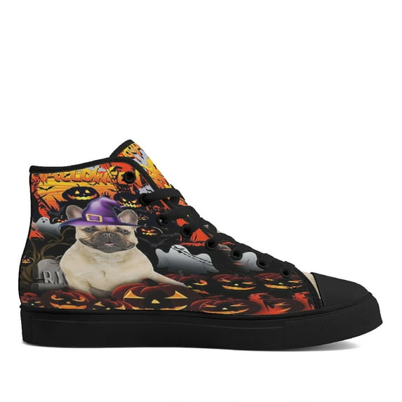 French Bulldog Happy Halloween High Top Canvas Shoes Sneakers Black Size 9.5