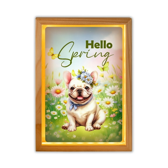 French Bulldog Hello Spring Time Flower Floral Nature Acrylic Plaque with Wood Photo Frame Box Dog Lover Gifts Light Box - 02031