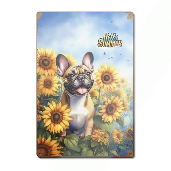 French Bulldog Hello Summer Sunshine Sunflowers Spring Retro Vintage Vertical Metal Aluminum Sign Dog Lover Gifts Wall Art Home Decor - 00008