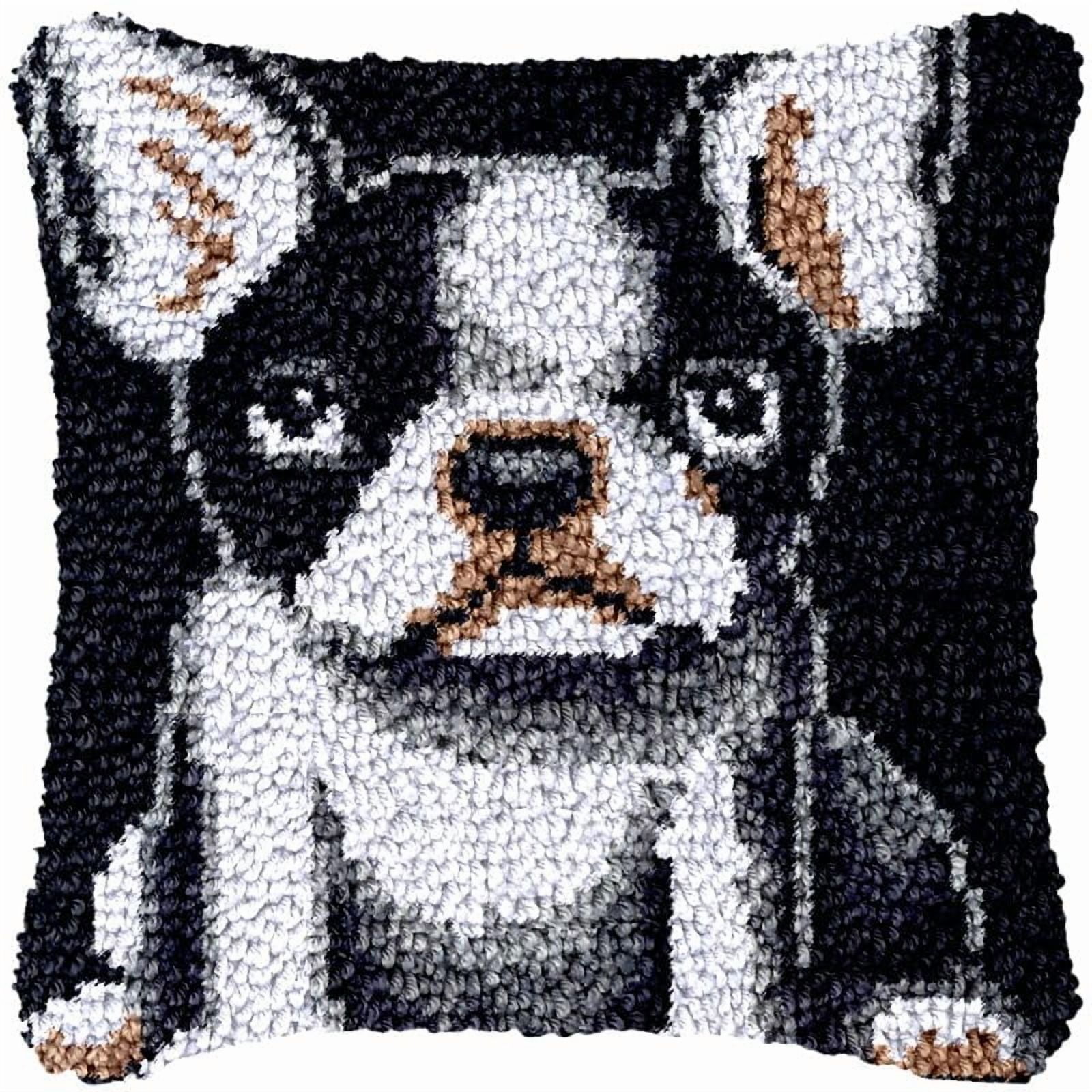 French Bulldog Latch Hook Pillow Cover Kits for DIY Handmade Throw Pillow Cross Stitch Latch Hook Pillowcase Rug Kits with Preprinted Color Pattern Canvas Crochet Yarn Kits 17''X 17''(ys134)