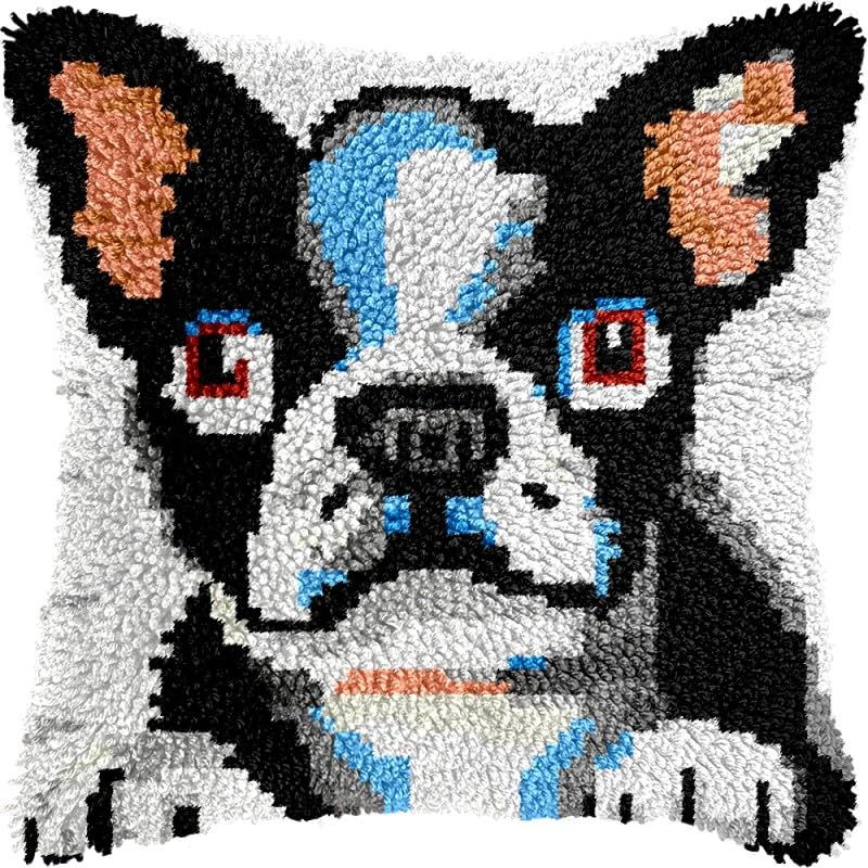 French Bulldog Latch Hook Pillow Kits Pillow Cover with Pattern Printed Canvas Sofa Hooking Pillowcase Cushion Crafts Embroidery Latch Hooking Crochet Starter Kits 17x17 inch(1)