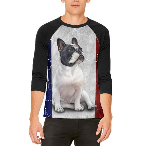 French Bulldog Live Forever Flag Mens Raglan T Shirt White-Black SM