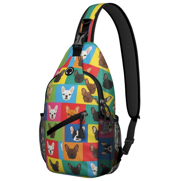 French Bulldog Multicolor Pattern Sling Backpack, Unisex Hiking Chest Pack with Side Mesh Pockets, Earphone Hole Port Gift Ideas for Travel Shopping Commuting