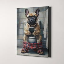 French Bulldog On Phone On The Toilet Funny Dog Bathroom Canvas Wall Art Print