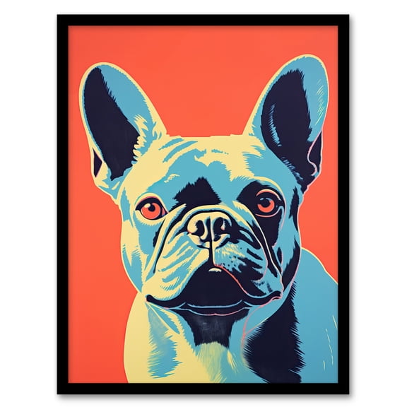 French Bulldog Orange And Blue Bold Vibrant Screen Print Risograph Coral Teal Artwork Spot Block Colour Duotone Retro Riso Interior Design Art Print Framed Poster Wall Decor 12x16 inch