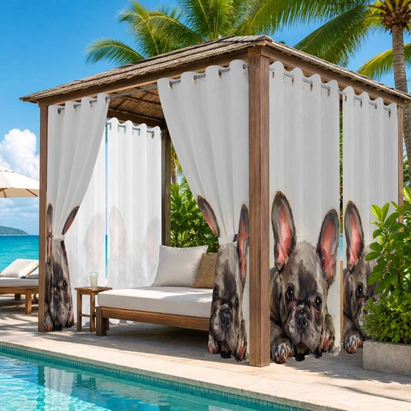 French Bulldog Outdoor Curtains for Patio, Playful Dark Brown Dogs Eyes Oil Painting Texture Waterproof Outside Curtains Privacy Blackout Curtain for Porch Pergola Cabana, 2 Panel 54W x 108L Inch