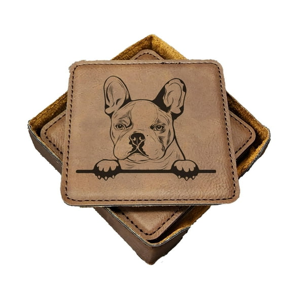 French Bulldog Peek-a-Boo Coasters - Handmade Coasters Set of 6 - Engraved Barware Decorations - Leather Bar Decor - Man Cave Father's Day Present