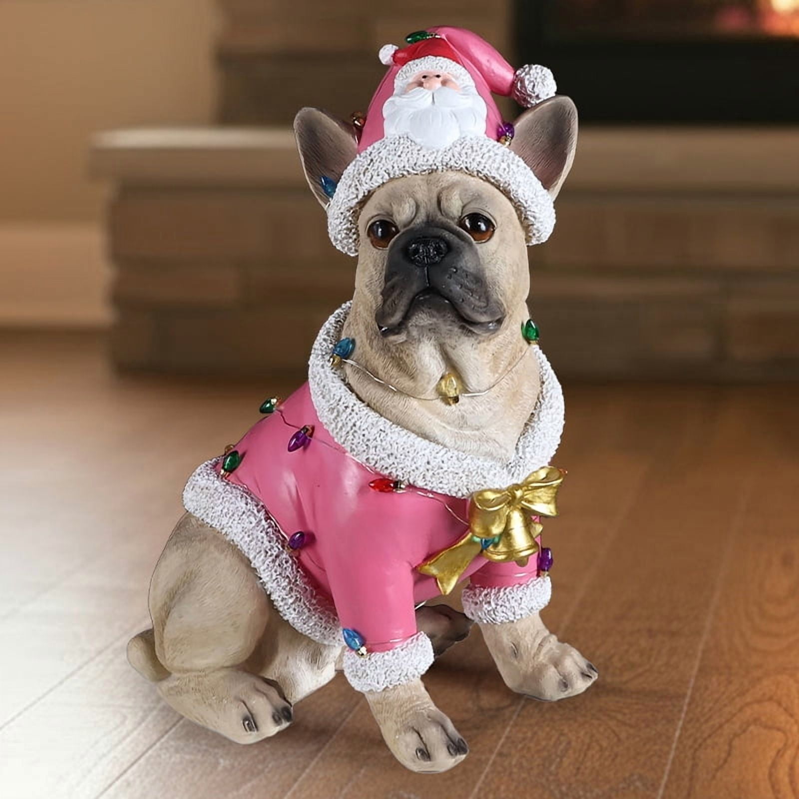 French Bulldog Pink Santa Outfit Christmas Dog Statue with Gold Bow Holiday Tabletop Decor
