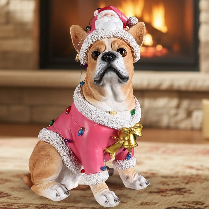 French Bulldog Pink Santa Outfit Christmas Dog Statue with Light Details Holiday Tabletop Decor