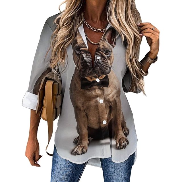 French Bulldog Portrait Womens Funny Print Button Down Shirts Long