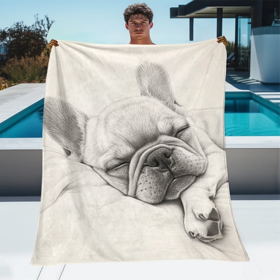 French Bulldog Puppy Blanket - Lightweight Flannel Throw with Sleeping Frenchie Design, Soft Warm All-Season Pet Blanket for Couch Bed Travel, Machine Washable Cozy Gift for Dog Lovers