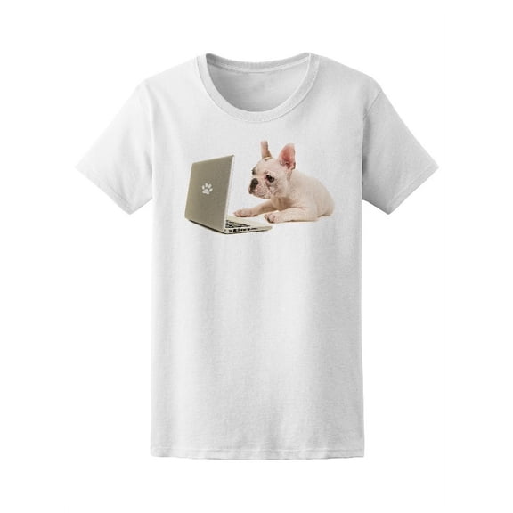 French Bulldog Puppy On Laptop T-Shirt Women -Image by Shutterstock, Female Medium
