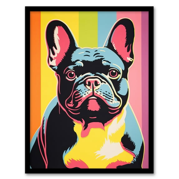 French Bulldog Retro Stripes Bold Vibrant Screen Print Risograph Artwork Spot Block Colour Retro Riso Interior Design Artwork Framed Wall Art Print A4