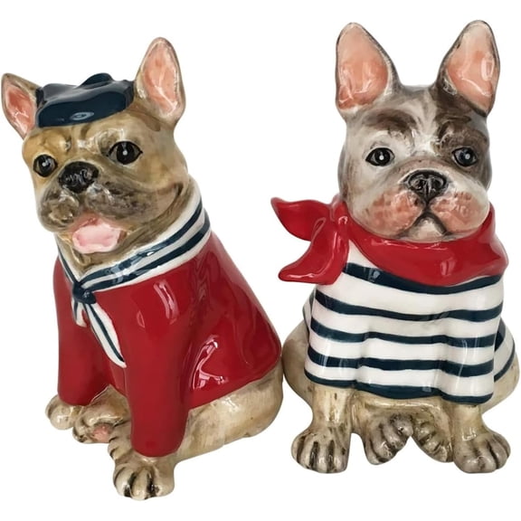 French Bulldog Salt & Pepper Shaker Set, Ceramic, 4.75" L x 2.5" W x 3.875" H, Berets, Stripes & Red Scarves
