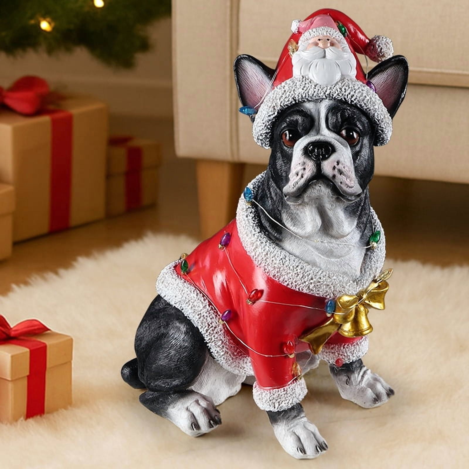 French Bulldog Santa Outfit Christmas Dog Statue with Santa Hat Bulb Accents Holiday Tabletop Decor