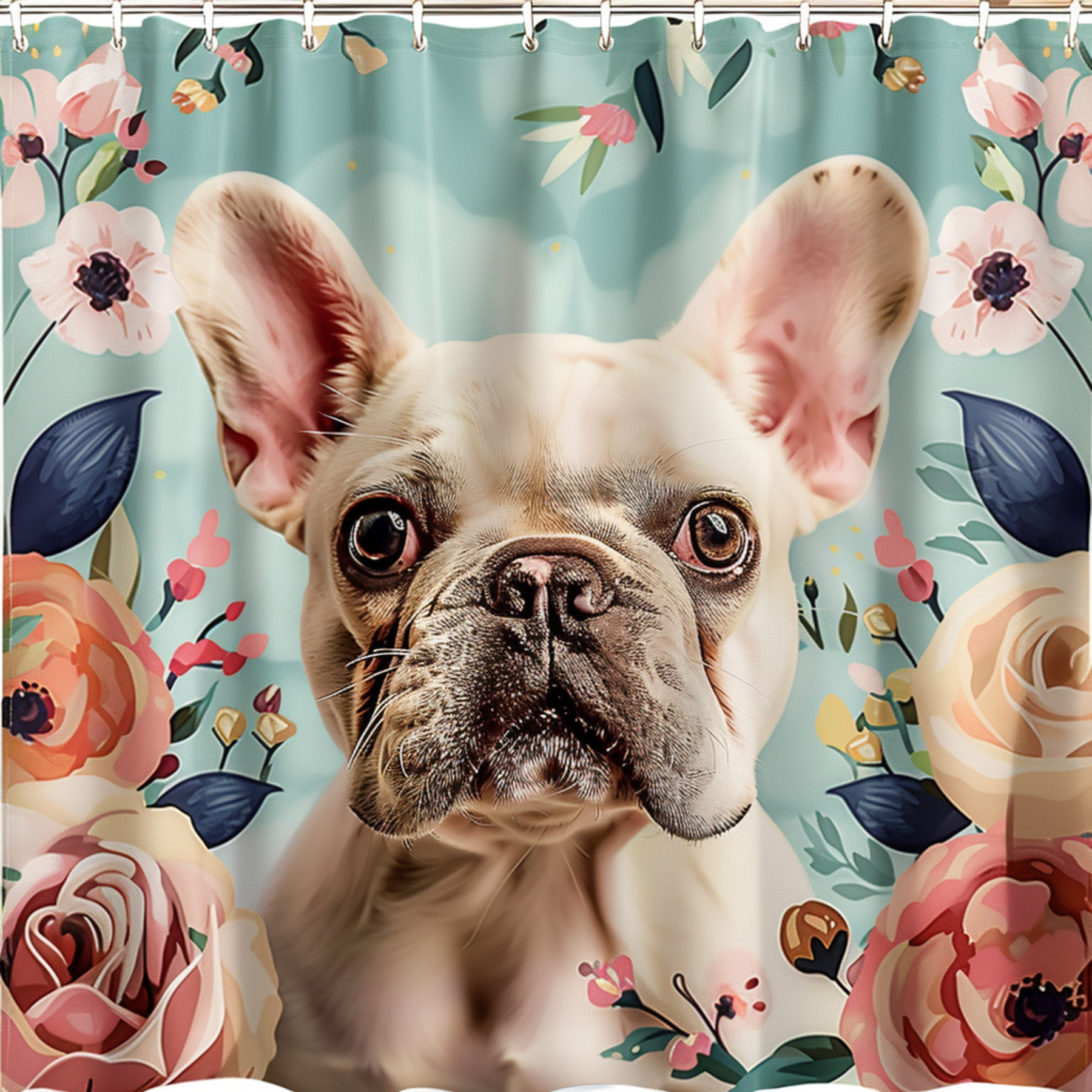 French Bulldog Shower Curtain Cute Dog with Big Eyes and Flowers Pastel