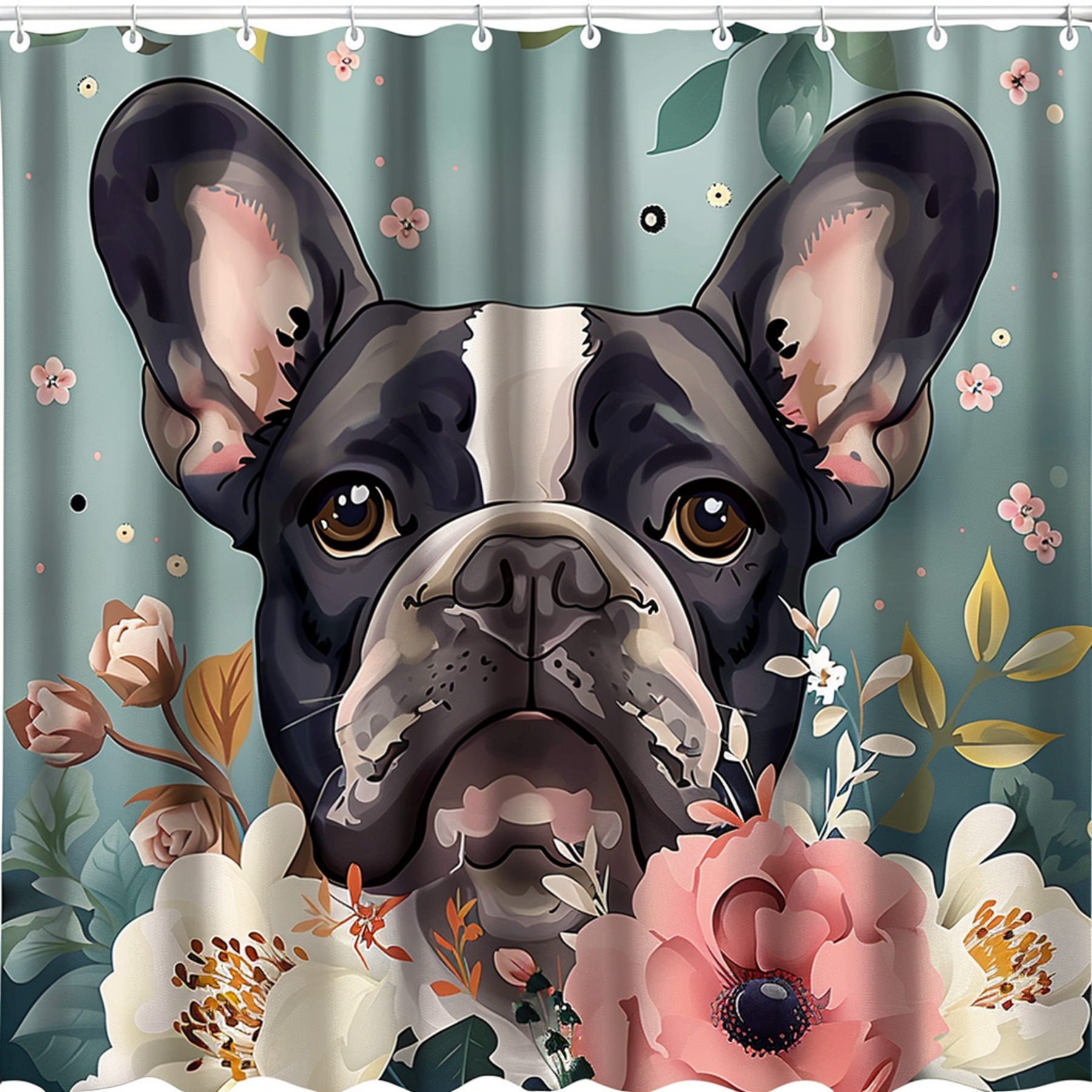 French Bulldog Shower Curtain with Floral Background Adorable Cartoon
